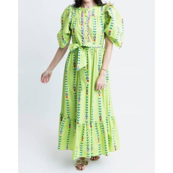 NEW mod floral vine poplin ruffle maxi dress in lime green - Picture 1 of 4